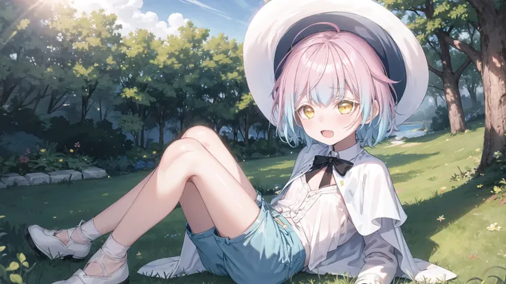 <lora:pastelMixStylizedAnime_pastelMixLoraVersion:0.3>, <lora:roluaStyleLora_r:0.2>,<lora:V11ForegroundPlant_V11:0.3>, masterpiece, best quality, 1girl, solo, yellow eyes, (pink to blue gradient hair), (gradient hair), (small breast), (flat chest), white colored eyelashes, (+ +), forest,  <lora:kaoru-1.0-v5:0.6>, (skin fang), full body, (sunshine), (summer), eep blue shorts, white shirt, (white capelet), [[hat]], black tie, long sleeves,