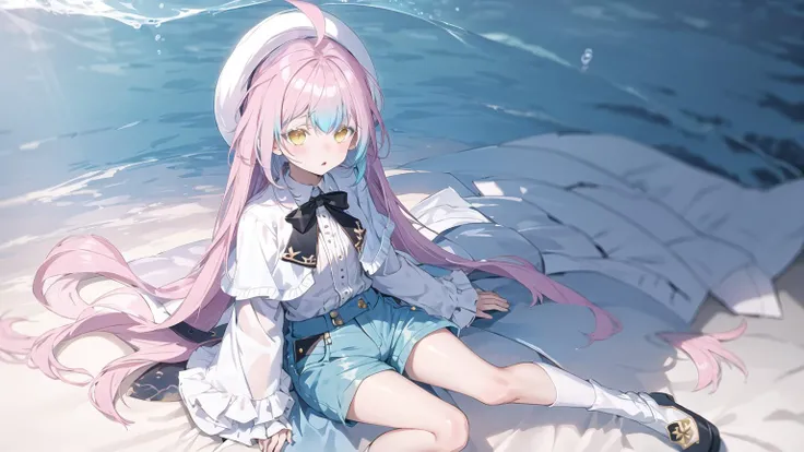 <lora:pastelMixStylizedAnime_pastelMixLoraVersion:0.3>, <lora:roluaStyleLora_r:0.2>,<lora:V11ForegroundPlant_V11:0.3>, masterpiece, best quality, 1girl, solo, yellow eyes, (pink to cyan gradient hair), (gradient hair), ahoge, (small breast), (flat chest), white colored eyelashes, (+ +),  underwater,  <lora:kaoru-1.0-v5:0.6>, full body,  white shirt, deep blue shorts, white shirt, (white capelet), [[hat]], black tie, long sleeves,