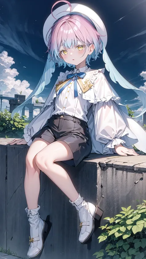 <lora:pastelMixStylizedAnime_pastelMixLoraVersion:0.25>, <lora:roluaStyleLora_r:0.25>,<lora:V11ForegroundPlant_V11:0.3>, masterpiece, best quality, 1girl, solo, yellow eyes, (pink to blue gradient hair), (gradient hair), ahoge, (small breast), (flat chest), white colored eyelashes, (+ +), castle, <lora:kaoru-1.0-v5:0.65>, (>:)), full body, (night, night sky, cloudy sky), (summer), deep blue shorts, white shirt, (white capelet), [[hat]], black tie, long sleeves,