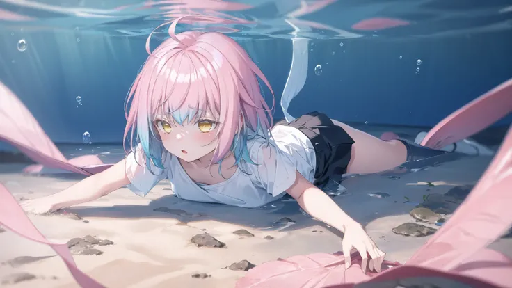 <lora:pastelMixStylizedAnime_pastelMixLoraVersion:0.3>, <lora:roluaStyleLora_r:0.2>,<lora:V11ForegroundPlant_V11:0.3>, masterpiece, best quality, 1girl, solo, yellow eyes, (pink to cyan gradient hair), (gradient hair), ahoge, (small breast), (flat chest), white colored eyelashes, (+ +),  underwater,  <lora:kaoru-1.0-v5:0.6>, full body,  white shirt,