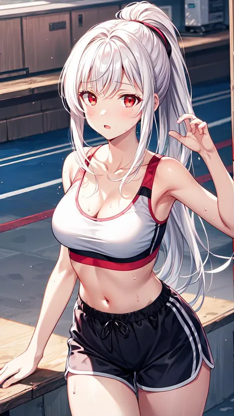 masterpiece,best quality,highres,illustration,hyper detailed,8k cg wallpaper,ray tracing,((white hair:1.2)),((long hair:1.2)),((red eyes:1.2)),((straight hair:1.3)),medium breasts,(hiten1:0.8),<lora:add_detail:1>,dolphin shorts,sports bra,cleavage,midriff,<lora:DolphinShorts_FefaAIart:1>,bare arms,sweat,((ponytail:1.2)),