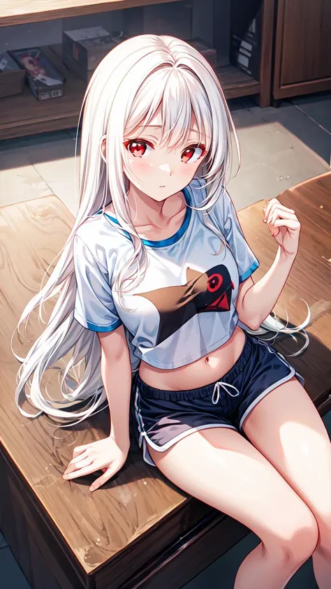 masterpiece,best quality,highres,illustration,hyper detailed,8k cg wallpaper,ray tracing,((white hair:1.2)),((long hair:1.2)),((red eyes:1.2)),((straight hair:1.3)),medium breasts,(hiten1:0.8),<lora:add_detail:1>,((t-shirt:1.1)),short sleeves,dolphin shorts,<lora:DolphinShorts_FefaAIart:1>,navel,sitting,from above,