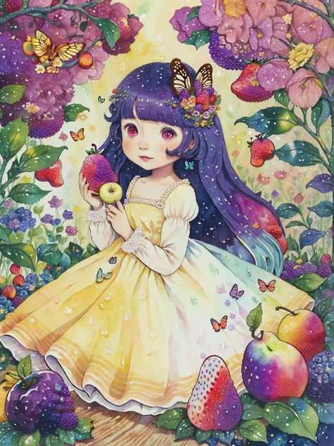 (((portrait))) ,(((masterpiece))),(((best quality))), ((ultra-detailed)), (illustration), ((an extremely delicate and beautiful)),floating, (beautiful detailed eyes), (detailed light),(((fruit))),flowers,(((((colorful))))),garden,by alan lee,colorful background,forest,bird,butterfly,<lora:mkru:1>mkru:1