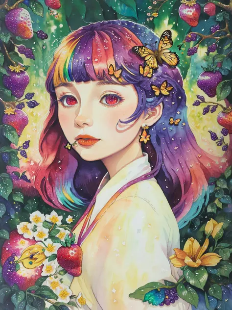 (((portrait))) ,(((masterpiece))),(((best quality))), ((ultra-detailed)), (illustration), ((an extremely delicate and beautiful)),floating, (beautiful detailed eyes), (detailed light),(((fruit))),flowers,(((((colorful))))),garden,by alan lee,colorful background,forest,bird,butterfly,<lora:mkru:1>mkru:1