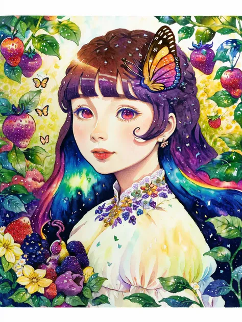 (((portrait))) ,(((masterpiece))),(((best quality))), ((ultra-detailed)), (illustration), ((an extremely delicate and beautiful)),floating, (beautiful detailed eyes), (detailed light),(((fruit))),flowers,(((((colorful))))),garden,by alan lee,colorful background,forest,bird,butterfly,<lora:mkru:1>mkru:1