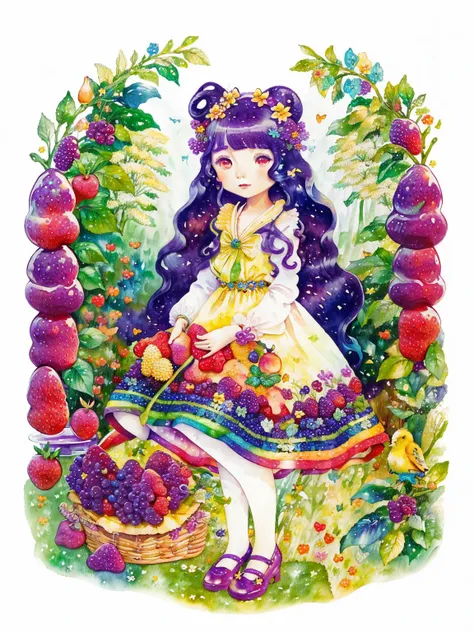 (((portrait))) ,(((masterpiece))),(((best quality))), ((ultra-detailed)), (illustration), ((an extremely delicate and beautiful)),floating, (beautiful detailed eyes), (detailed light),(((fruit))),flowers,(((((colorful))))),garden,by alan lee,colorful background,forest,bird,butterfly,<lora:mkru:1>mkru:1