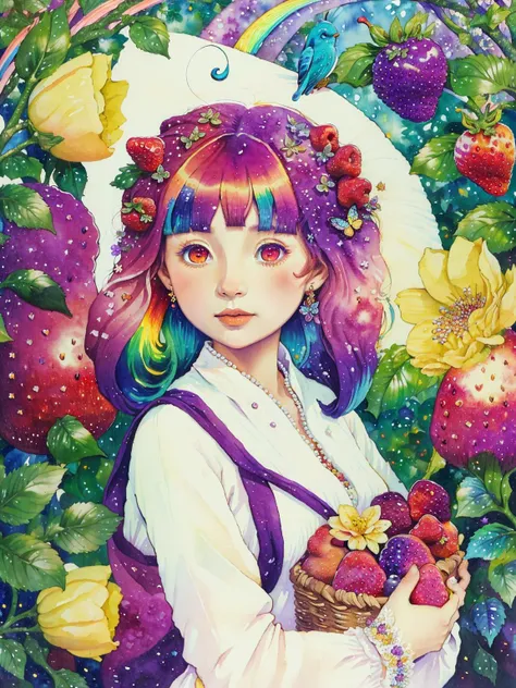 (((portrait))) ,(((masterpiece))),(((best quality))), ((ultra-detailed)), (illustration), ((an extremely delicate and beautiful)),floating, (beautiful detailed eyes), (detailed light),(((fruit))),flowers,(((((colorful))))),garden,by alan lee,colorful background,forest,bird,butterfly,<lora:mkru:1>mkru:1