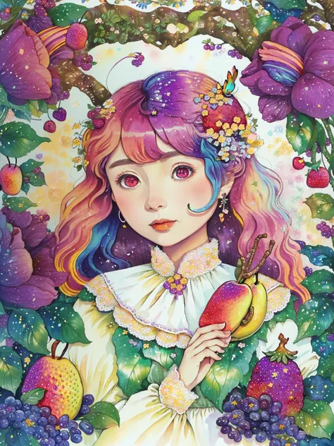 (((portrait))) ,(((masterpiece))),(((best quality))), ((ultra-detailed)), (illustration), ((an extremely delicate and beautiful)),floating, (beautiful detailed eyes), (detailed light),(((fruit))),flowers,(((((colorful))))),garden,by alan lee,colorful background,forest,bird,butterfly,<lora:mkru:1>mkru:1