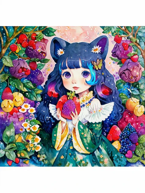 (((portrait))) ,(((masterpiece))),(((best quality))), ((ultra-detailed)), (illustration), ((an extremely delicate and beautiful)),floating, (beautiful detailed eyes), (detailed light),(((fruit))),flowers,(((((colorful))))),garden,by alan lee,colorful background,forest,bird,butterfly,<lora:mkru:1>mkru chibi