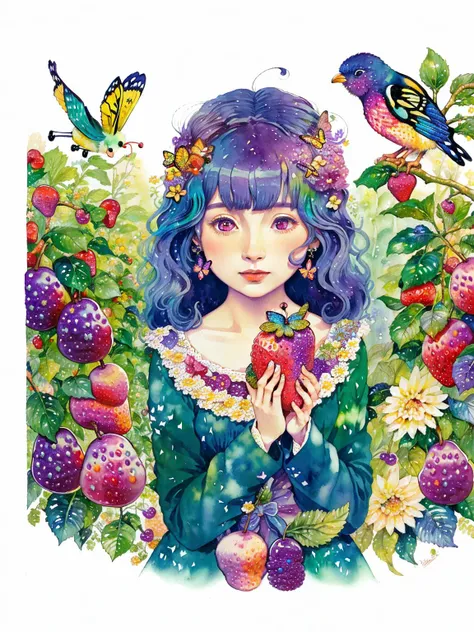 (((portrait))) ,(((masterpiece))),(((best quality))), ((ultra-detailed)), (illustration), ((an extremely delicate and beautiful)),floating, (beautiful detailed eyes), (detailed light),(((fruit))),flowers,(((((colorful))))),garden,by alan lee,colorful background,forest,bird,butterfly,<lora:mkru:1>mkru:1