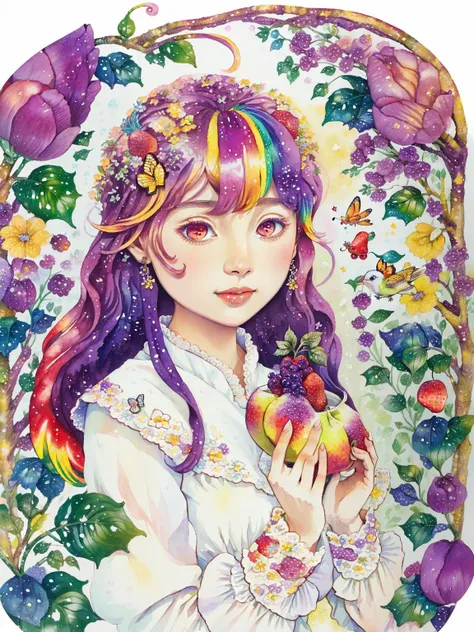 (((portrait))) ,(((masterpiece))),(((best quality))), ((ultra-detailed)), (illustration), ((an extremely delicate and beautiful)),floating, (beautiful detailed eyes), (detailed light),(((fruit))),flowers,(((((colorful))))),garden,by alan lee,colorful background,forest,bird,butterfly,<lora:mkru:1>mkru:1