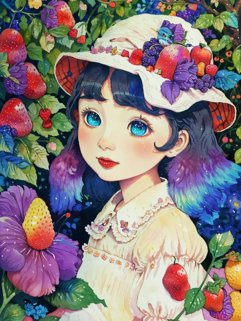 (((portrait))) ,(((masterpiece))),(((best quality))), ((ultra-detailed)), (illustration), ((an extremely delicate and beautiful)),floating, (beautiful detailed eyes), (detailed light),(((fruit))),flowers,(((((colorful))))),garden,by alan lee,colorful background,forest,bird,butterfly,<lora:mkru:1>mkru chibi