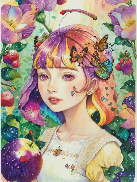 (((portrait))) ,(((masterpiece))),(((best quality))), ((ultra-detailed)), (illustration), ((an extremely delicate and beautiful)),floating, (beautiful detailed eyes), (detailed light),(((fruit))),flowers,(((((colorful))))),garden,by alan lee,colorful background,forest,bird,butterfly,<lora:mkru:1>mkru:1