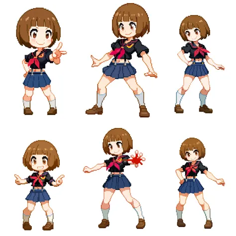 (white background:1.4),simple background,<lora:pixel_f2:0.5>,pixel,pixel art, 1girl, mankanshokumako, brown eyes, brown hair, short hair, bob cut, smile, school uniform, senketsu, suspenders, navel, solo <lora:MakoMankanshoku:1>