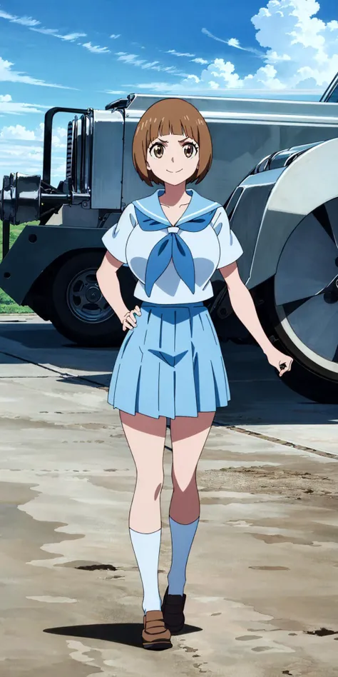 masterpiece, high quality, best quality, 1girl, (muscular female:1.0), (super gigantic breasts:1.0), (closed mouth, half smile), mankanshokumako, brown eyes, brown hair, long hair, bob cut, school uniform, serafuku, blue skirt, blue sailor collar, anime screencap, anime key visual, (fully clothed:1.0), full body <lora:MakoMankanshoku:1>