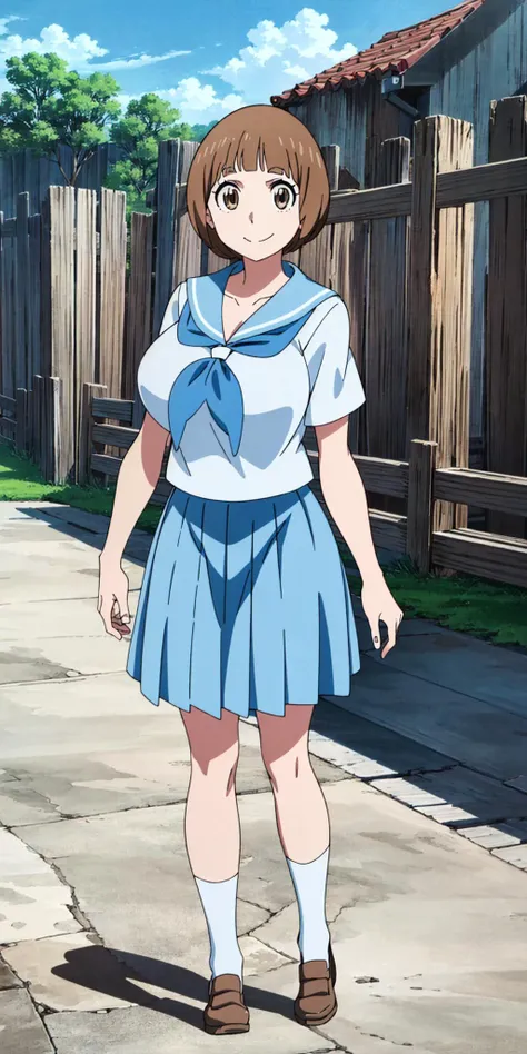 masterpiece, high quality, best quality, 1girl, (muscular female:1.0), (super gigantic breasts:1.0), (closed mouth, half smile), mankanshokumako, brown eyes, brown hair, long hair, bob cut, school uniform, serafuku, blue skirt, blue sailor collar, anime screencap, anime key visual, (fully clothed:1.0), full body <lora:MakoMankanshoku:1>