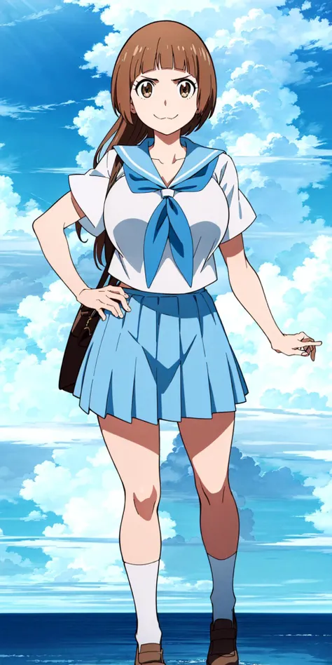 masterpiece, high quality, best quality, 1girl, (muscular female:1.0), (super gigantic breasts:1.0), (closed mouth, half smile), mankanshokumako, brown eyes, brown hair, long hair, bob cut, school uniform, serafuku, blue skirt, blue sailor collar, anime screencap, anime key visual, (fully clothed:1.0), full body <lora:MakoMankanshoku:1>