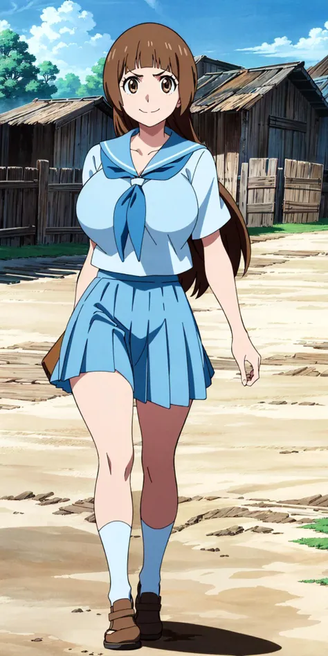 masterpiece, high quality, best quality, 1girl, (muscular female:1.0), (super gigantic breasts:1.0), (closed mouth, half smile), mankanshokumako, brown eyes, brown hair, long hair, bob cut, school uniform, serafuku, blue skirt, blue sailor collar, anime screencap, anime key visual, (fully clothed:1.0), full body <lora:MakoMankanshoku:1>
