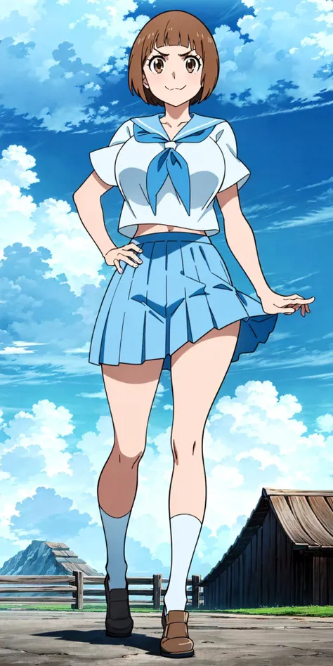 masterpiece, high quality, best quality, 1girl, (muscular female:1.0), (super gigantic breasts:1.0), (closed mouth, half smile), mankanshokumako, brown eyes, brown hair, long hair, bob cut, school uniform, serafuku, blue skirt, blue sailor collar, anime screencap, anime key visual, (fully clothed:1.0), full body <lora:MakoMankanshoku:1>