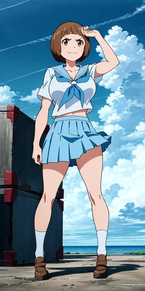 masterpiece, high quality, best quality, 1girl, (muscular female:1.0), (super gigantic breasts:1.0), (closed mouth, half smile), mankanshokumako, brown eyes, brown hair, long hair, bob cut, school uniform, serafuku, blue skirt, blue sailor collar, anime screencap, anime key visual, (fully clothed:1.0), full body <lora:MakoMankanshoku:1>