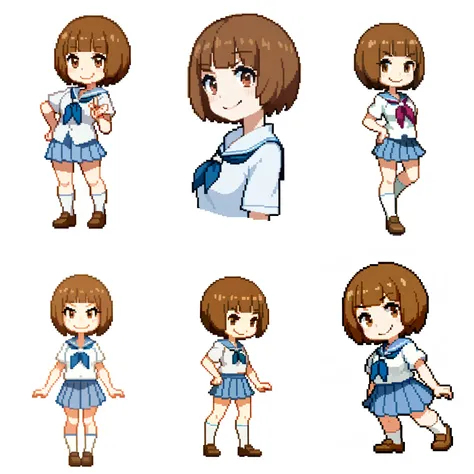 (white background:1.4),simple background,<lora:pixel_f2:0.5>,pixel,pixel art, 1girl, mankanshokumako, brown eyes, brown hair, short hair, bob cut, smirk, school uniform, solo <lora:MakoMankanshoku:1>