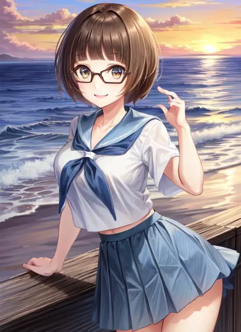 ((best quality)), ((highly detailed)), masterpiece, (detailed eyes, deep eyes), (1girl), (glasses), cowboy shot, <lora:hairdetailer:.7>, <lora:MakoMankanshoku:.8>, mankanshokumako, brown eyes, brown hair, short hair, bob cut, large breasts, smile, school uniform, serafuku, blue skirt, blue sailor collar, (at the coast, sunset)
