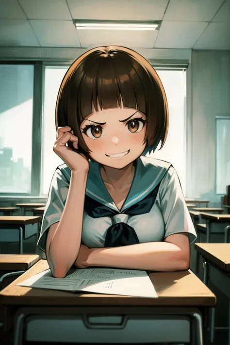 masterpiece, best quality, 1girl, mankanshokumako, brown eyes, brown hair, short hair, bob cut, smirk, school uniform, looking at viewer, solo, classroom background  <lora:MakoMankanshoku:1>