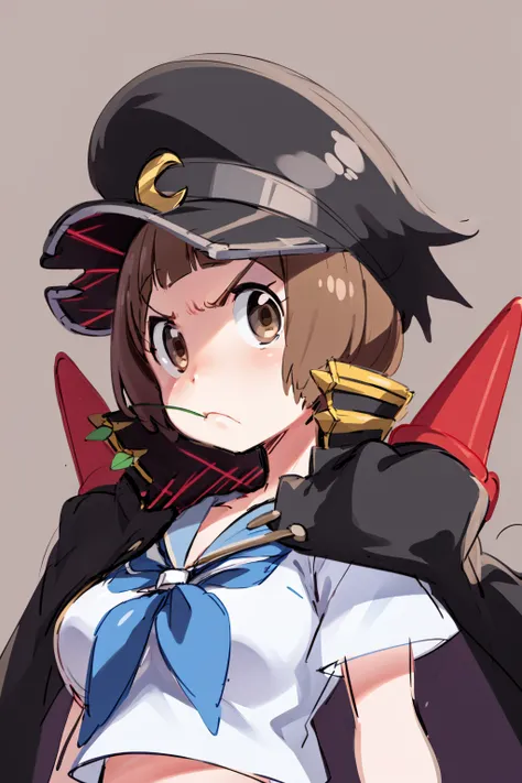 masterpiece, best quality, 1girl, mankanshokumako, brown eyes, brown hair, short hair, hat, crescent hat ornament, jacket on shoulder, school uniform, serafuku, spikes, closeup, upper body, looking at viewer, serious, solo, sketch, simple background <lora:MakoMankanshoku:1> <lora:MakoFightClub:1>