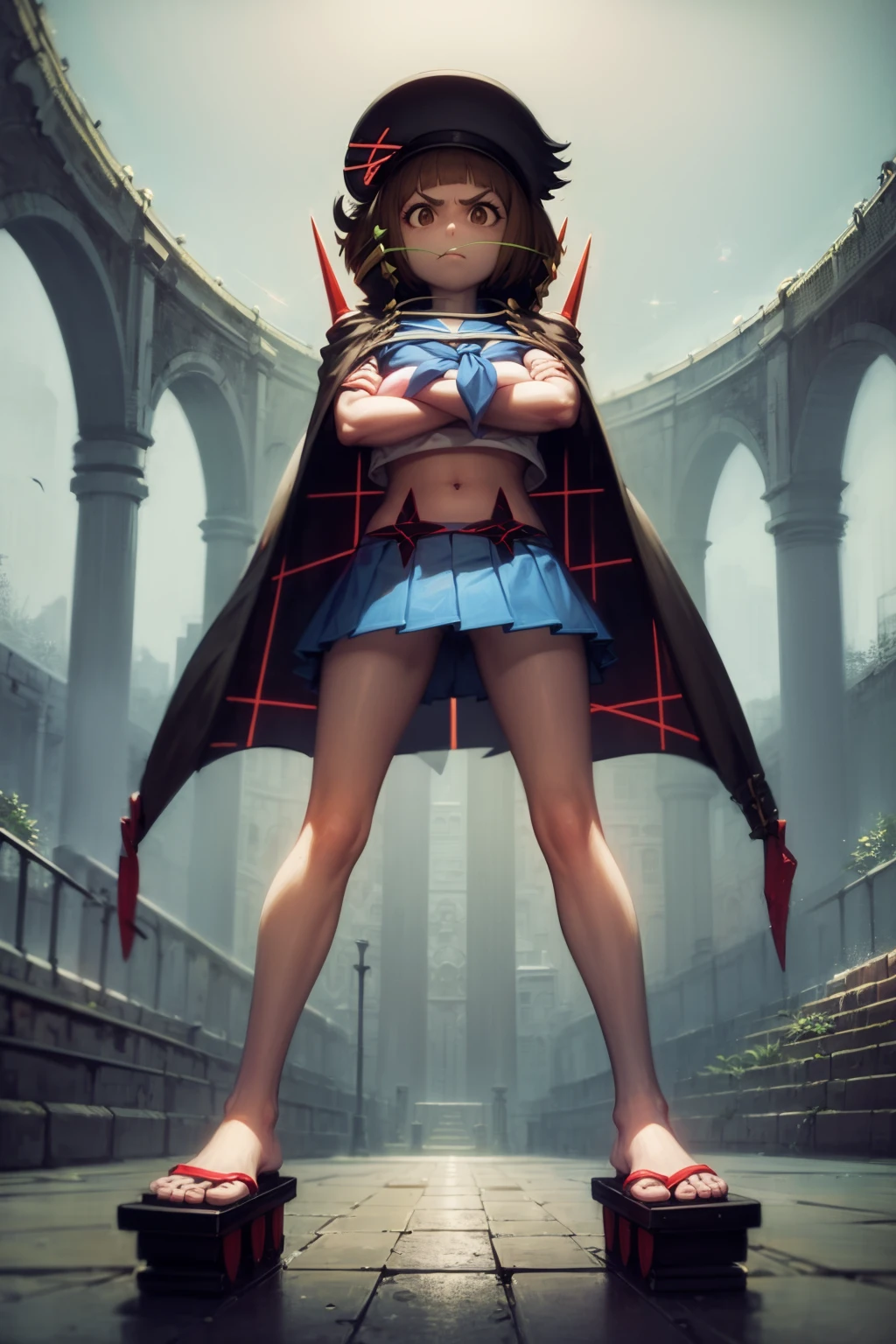 masterpiece, best quality, 1girl, makonb, brown eyes, brown hair, short hair, bob cut, hat, crescent hat ornament, jacket, jacket on shoulder, school uniform, serafuku, midriff, geta, navel, arms crossed, serious, full body, standing, view from below, solo, colosseum background <lora:MakoFightClub:1>