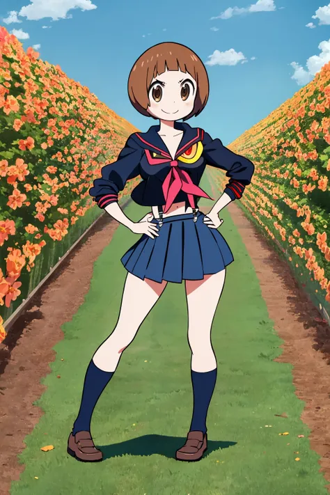 masterpiece, best quality, 1girl, mankanshokumako, brown eyes, brown hair, short hair, bob cut, school uniform, senketsu, suspenders, smile, full body, standing, contrapposto, solo, meadow background <lora:MakoMankanshoku:1>