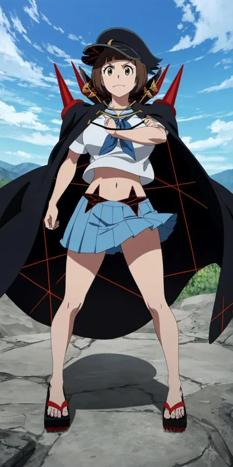masterpiece, high quality, best quality, 1girl, solo, (muscular female:1.0), (super gigantic breasts:1.0), (closed mouth, half smile), mankanshokumako, brown eyes, brown hair, long hair, bob cut, jacket on shoulders, jacket, spikes, school uniform, serafuku, crescent hat ornament, hat, geta, blue skirt, midriff, navel, anime screencap, anime key visual, (fully clothed:1.0), full body <lora:MakoFightClub:1.0>