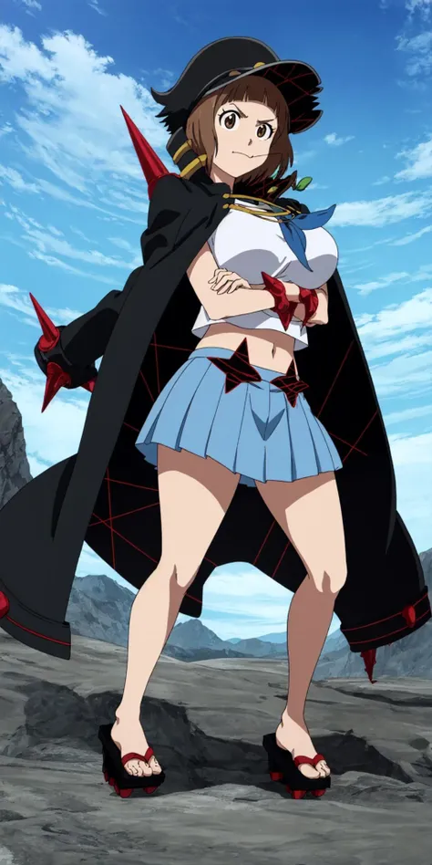 masterpiece, high quality, best quality, 1girl, solo, (muscular female:1.0), (super gigantic breasts:1.0), (closed mouth, half smile), mankanshokumako, brown eyes, brown hair, long hair, bob cut, jacket on shoulders, jacket, spikes, school uniform, serafuku, crescent hat ornament, hat, geta, blue skirt, midriff, navel, anime screencap, anime key visual, (fully clothed:1.0), full body <lora:MakoFightClub:1.0>
