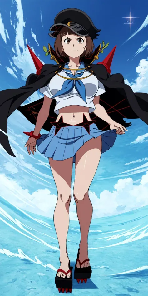 masterpiece, high quality, best quality, 1girl, solo, (muscular female:1.0), (super gigantic breasts:1.0), (closed mouth, half smile), mankanshokumako, brown eyes, brown hair, long hair, bob cut, jacket on shoulders, jacket, spikes, school uniform, serafuku, crescent hat ornament, hat, geta, blue skirt, midriff, navel, anime screencap, anime key visual, (fully clothed:1.0), full body <lora:MakoFightClub:1.0>