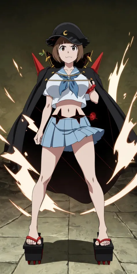 masterpiece, high quality, best quality, 1girl, solo, (muscular female:1.0), (super gigantic breasts:1.0), (closed mouth, half smile), mankanshokumako, brown eyes, brown hair, long hair, bob cut, jacket on shoulders, jacket, spikes, school uniform, serafuku, crescent hat ornament, hat, geta, blue skirt, midriff, navel, anime screencap, anime key visual, (fully clothed:1.0), full body <lora:MakoFightClub:1.0>