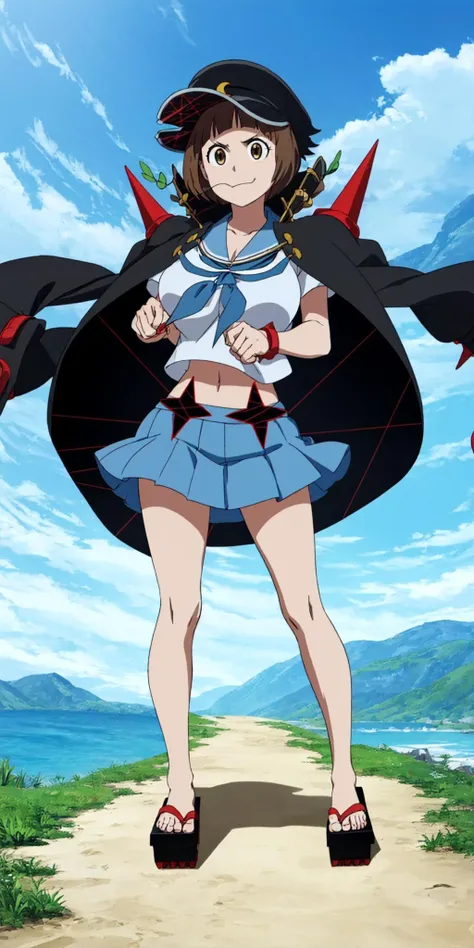 masterpiece, high quality, best quality, 1girl, solo, (muscular female:1.0), (super gigantic breasts:1.0), (closed mouth, half smile), mankanshokumako, brown eyes, brown hair, long hair, bob cut, jacket on shoulders, jacket, spikes, school uniform, serafuku, crescent hat ornament, hat, geta, blue skirt, midriff, navel, anime screencap, anime key visual, (fully clothed:1.0), full body <lora:MakoFightClub:1.0>