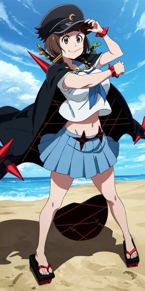 masterpiece, high quality, best quality, 1girl, solo, (muscular female:1.0), (super gigantic breasts:1.0), (closed mouth, half smile), mankanshokumako, brown eyes, brown hair, long hair, bob cut, jacket on shoulders, jacket, spikes, school uniform, serafuku, crescent hat ornament, hat, geta, blue skirt, midriff, navel, anime screencap, anime key visual, (fully clothed:1.0), full body <lora:MakoFightClub:1.0>