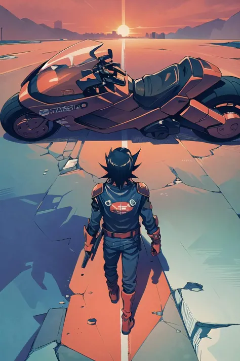 <lora:TheGooder_yusei_fudo1-10:0.6>, Yusei Fudo, black hair, blue eyes, 
<lora:concept_akiraposter-11:1:1:lbw=0,0,0,0,0,1,1,1,0.5,0,0.5,0,0,0,0,0,0>, (masterpiece, best quality:1.2), akiraposter, from above, from behind, solo, 1boy, walking, high contrast, postapocalyptic, orange sky, red sky, red motorcycle on ground,
 <lora:AkiraSBK_v3-000010:0.5:1:lbw=1,0,0,0,0,0.5,0.5,1,0.5,0.5,0.5,0,0.5,0,0,0,0.5>, krsbk,