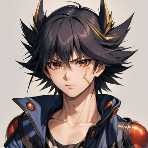 ((masterpiece, best quality)),(complex light),1boy, solo , upper body ,Yusei Fudo, black hair, simple background, <lora:yusei_fudo1-10:0.6>