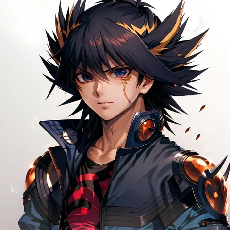 ((masterpiece, best quality)),(complex light),1boy, solo , Yusei Fudo, black hair, simple background, <lora:yusei_fudo1-10:1>