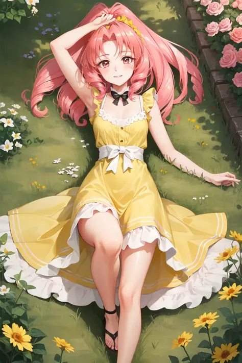 masterpiece, best quality, absurdres, perfect antomy, 1girl, solo, Akagi Towa, long hair, pink hair, parted bangs, lying, on back, outdoors, garden, flowers, sundress, yellow dress, smile