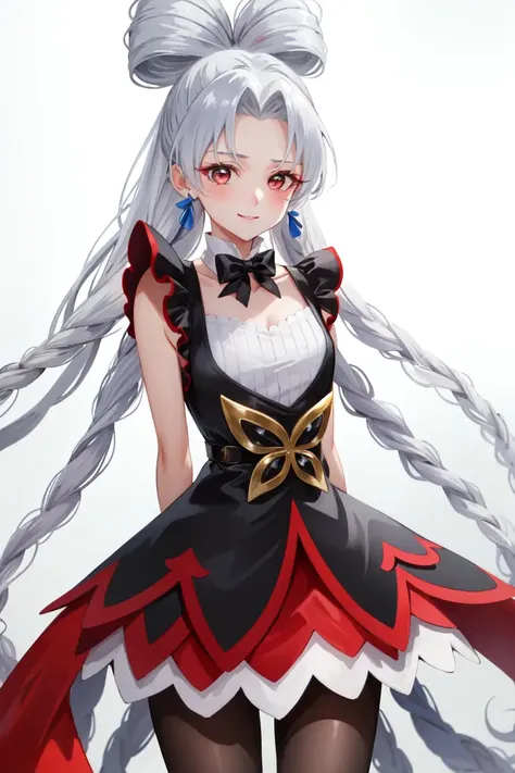 masterpiece, best quality, absurdres, perfect antomy, 1girl, solo, Twilight, white hair, long hair, quad tails, black dress, red pantyhose, TwilightBelt, skirt, bow, gradient background, arms behind back, smile