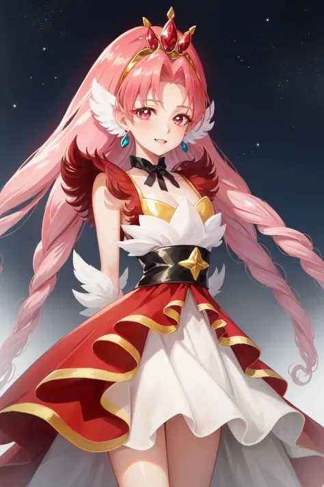 masterpiece, best quality, absurdres, perfect antomy, 1girl, solo, Akagi Towa, long hair, pink hair, parted bangs, red dress, magical girl, tiara, red sleeves, detached sleeves, skirt, earrings, gradient background, smile, arms behind back