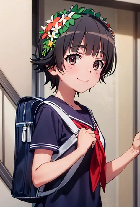 uiharu_kazari,  (8k, RAW photo, best quality, masterpiece:1.2),
1girl, bag, sakugawa_school_uniform, school_uniform, serafuku, solo, school_bag, holding_strap, jaggy_line, smile, shoulder_bag, backpack, red_neckerchief