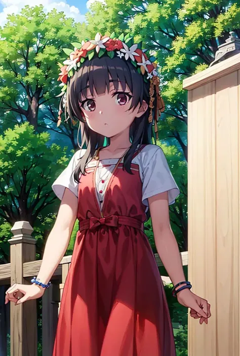 Anime girl in red dress standing in front of a fence - SeaArt AI