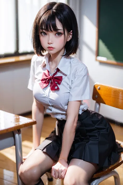 blurry, blurry_background, blurry_foreground, depth_of_field, 1girl, school_desk, photo_\(medium\), classroom, desk, bow, school_chair, solo, chair, red_bow, school_uniform, 3d, asian, lips, motion_blur, sitting, looking_at_viewer, shirt, indoors, white_shirt, short_hair, bowtie, chalkboard, bangs, black_hair<lora:Lan-000004:0.6>