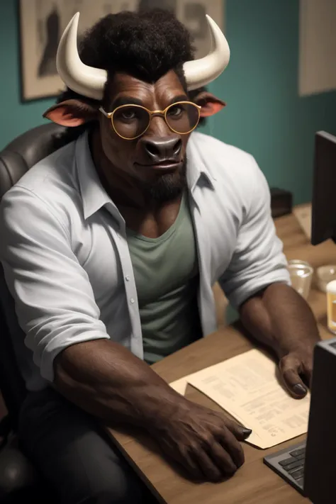 candid photograph of, African Man, Minotaur Furry, skinny and thin, with an afro, (black bull horns), (((large glasses))), furry bovine ears, facial hair, business casual jacket and shirt, sitting at a desk doing work at the computer, pilsner cup half out of frame, looking at viewer, from above, 32k, masterpiece