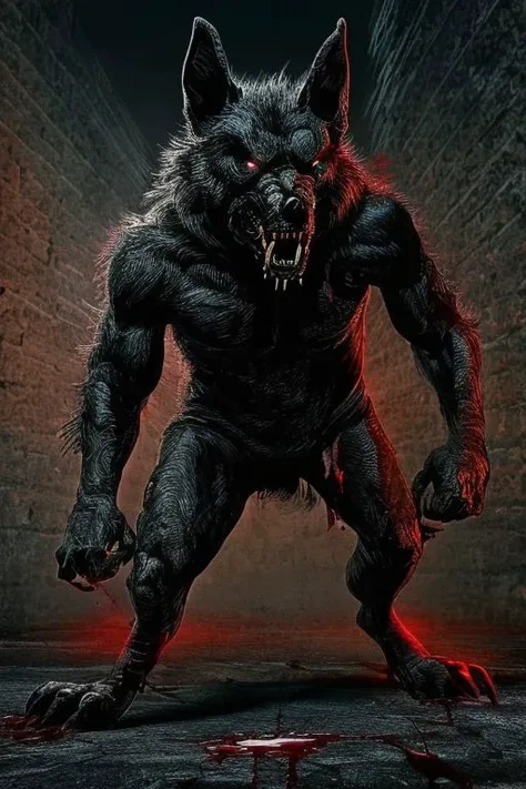 Night photo of a creature with human face mexican male, black dog body,human hands and feet,sharp fangs covered by blood,red glowing eyes