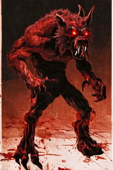 Night photo of a creature with human face mexican male, Brown dog body,human hands and feet,sharp fangs covered by blood,red glowing eyes