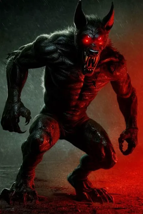 Night photo of a creature with human face mexican male, black dog body,human hands and feet,sharp fangs covered by blood,red glowing eyes