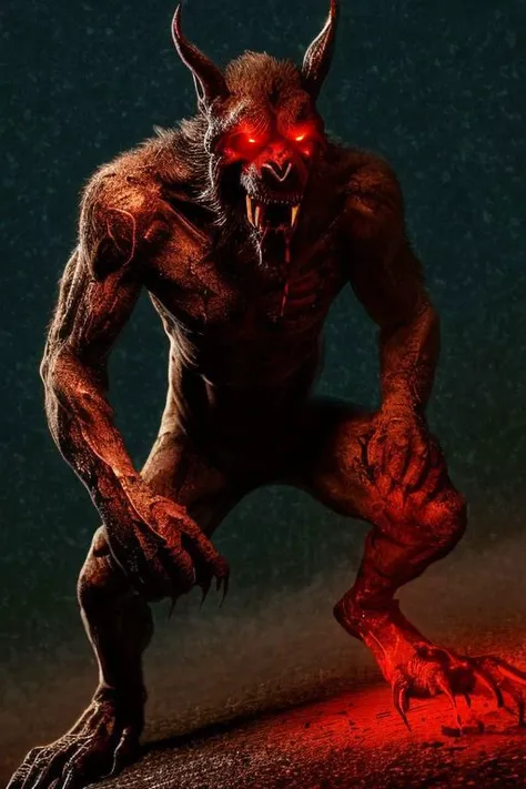 Night photo of a creature with human face mexican male, Brown dog body,human hands and feet,sharp fangs covered by blood,red glowing eyes